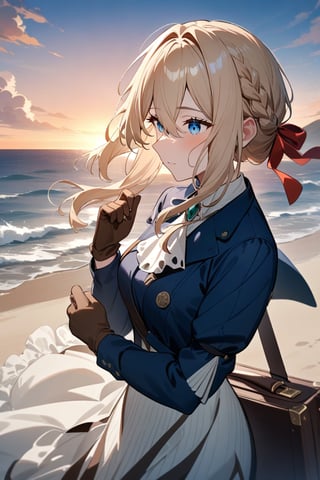 masterpiece, best quality, very aesthetic, absurdres,newest,1girl, violet evergarden, violet evergarden \(series\),long hair, blue eyes, multiple girls, blonde hair, brown hair, gloves, long sleeves, dress, ribbon, holding, hair between eyes, jacket, hair ribbon, braid, outdoors, sky, day, cloud, bag, red ribbon,sunset:2 ,orange sky, ocean, umbrella, beach, blue jacket, brown gloves, parasol, suitcase, briefcase, violet evergarden