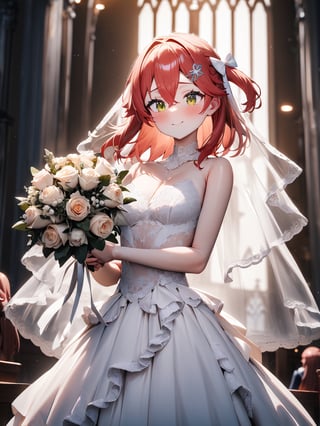 (((highest quality))),((Super detailed)),1girl,sakura miko,hololive,((figure)),((Disheveled Hair)),((Frills)),(1 girl),(alone),masterpiece, highest quality, High resolution, Hmm 1, One girl, Hair Ribbon, short hair, wedding style dress, wedding style_Veil, bouquet, church, Cowboy Shot,