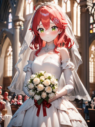 (((highest quality))),((Super detailed)),1girl,sakura miko,hololive,((figure)),((Disheveled Hair)),((Frills)),(1 girl),(alone),masterpiece, highest quality, High resolution, Hmm 1, One girl, Hair Ribbon, short hair, wedding style dress, wedding style_Veil, bouquet, church, Cowboy Shot,