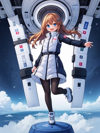 masterpiece, highest quality, High resolution, 2 girls,( Medium shot):2,(floating girl):4, (Big jump):5, flight, fun, smile, shout, (fall):8,  dynamic angle,BREAK white downvest,Wind,Wind,Wind,BREAK,black belt,black stocking,black tights,black long sleeve BREAK inside futuristic space station,Scifi space ship control room BREAK Astrovest,tnf_jacket,bing_astronaut,astrovest