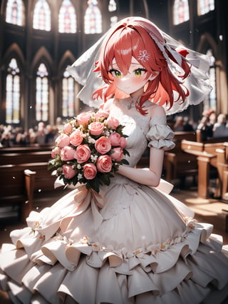 (((highest quality))),((Super detailed)),1girl,sakura miko,hololive,((figure)),((Disheveled Hair)),((Frills)),(1 girl),(alone),masterpiece, highest quality, High resolution, Hmm 1, One girl, Hair Ribbon, short hair, wedding style dress, wedding style_Veil, bouquet, church, Cowboy Shot,