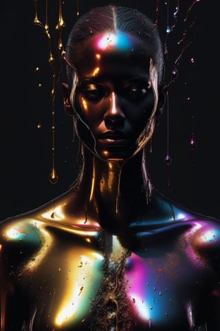 extremely Detailed colorful liquid metal person dripping and falling apart, high resolution face, Anti-Aliasing, FXAA, De-Noise, Post-Production, SFX, insanely detailed & intricate, hypermaximalist, elegant, ornate, hyper realistic, super detailed, noir coloration, serene, 16k resolution, full body