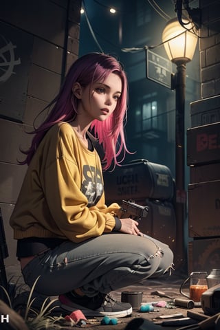 dark gothic cyberpunk woman, defiant face, pastel colors, in clothes, colorful hair, light yellow sweatshirt, pants, black, with pink, guns hd, high detail, huoshen, TheLastOfUs, mgln
