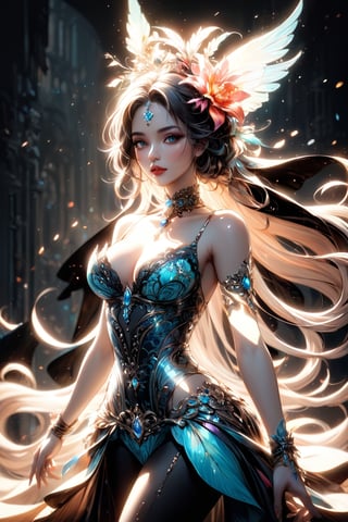 A mesmerizing digital illustration captures the essence of a serene, neon-lit figure composed of intertwining vibrant strands. The female figure, adorned with intricate, glowing floral patterns, seems to float effortlessly amidst the ethereal glow. Her glistening neon form showcases meticulous detail, blending realism with fantasy in a spellbinding visual experience. The dark background contrasts with her luminous presence, highlighting the intricate interplay of colors and shapes.burlesque,shabby chic,,fine art,epic,Boho gypsy, marquise,duchesse,dark fantasy,