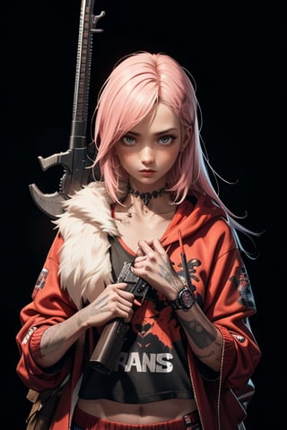 dark gothic cyberpunk woman, defiant face, pastel colors, in clothes, colorful hair, light yellow sweatshirt, pants, black, with pink, guns hd, high detail, huoshen, TheLastOfUs, mgln
