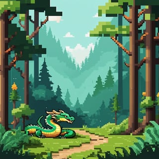 (parallax forest background),  (8-bit turbo graphics 16 game, pixel dragon with snake body), random body colors:1.15, 