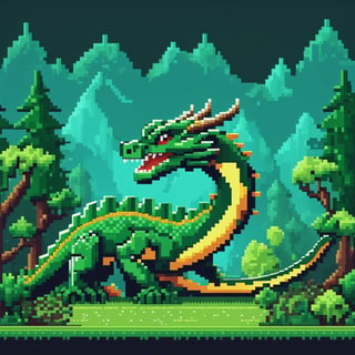 forest background, 8-bit turbo graphics 16 game, pixel dragon with snake body, random body colors:1.15, 