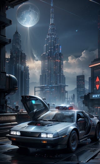 (3/4 view long shot), silent matte, blue-gray cinematic still of a futuristic delorean in deep space, surrounded by the oort cloud, intricate mechanical parts visible, highly detailed, intricate machinery, neon lights, cyberpunk, glowing lights, photorealism, unreal engine 5, octane, ray tracing, vfx, octane render