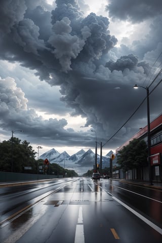 (masterpiece, best quality, highres:1.3), ultra resolution image, Road extending into the distance with a massive mountain range, puddles after rain, skyscrapers and a park along the road, signage hanging, cloudy weather, distant thunderstorm, pedestrians on the sidewalk, traffic lights and road, anime-style, with a sense of perspective and a vast scene.