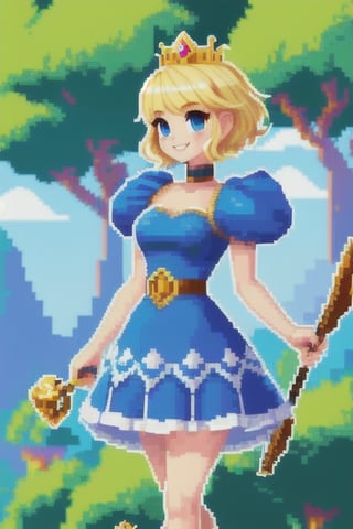 pixel art, princess, blonde, short hair, blue dress, detailed, kingdom background 

