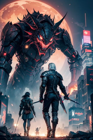 "The Witcher's Chronicles of Technomancy": In this unique world, Witchers find themselves at the heart of a cybernetic revolution where dark fantasy meets advanced technology. The Witchers are portrayed as formidable warriors, adorned with enchanted cybernetic enhancements that fuse seamlessly with their traditional armor and swords. The neon-lit cyberpunk cities serve as a backdrop, towering with colossal holographic billboards and bustling with tech-savvy factions. Amidst the dystopian metropolises, the Witchers encounter monstrous foes that have been augmented with cutting-edge cybernetics, resulting in epic battles that blur the lines between magic and machinery. The striking visual imagery showcases Witchers engaging in fast-paced combat, where sparks of magic clash with bolts of cyber-energy, creating a visually stunning display of power and skill. The world is a blend of steampunk-inspired architecture and futuristic skyscrapers, giving a sense of a world in the throes of rapid technological advancement. The Witchers themselves are portrayed as iconic and fierce, wearing their battle scars with pride, while their cybernetic enhancements hint at the transformation of their traditional roles. The atmosphere is intense and electric, with an underlying sense of danger and intrigue as the Witchers navigate a world where ancient sorcery and high-tech marvels coexist.

[2] = Witchers equipped with sleek cybernetic armor and enchanted blades engage in combat with augmented cybernetic monsters amidst a neon-lit, futuristic cityscape. The bright glow of holographic billboards and neon signs illuminates the action-packed scene, creating a dynamic and visually striking composition.

[3] = The scene takes place in the heart of a bustling cyberpunk city with towering skyscrapers, flying vehicles, and holographic advertisements that create a sense of a vibrant, technologically advanced metropolis.

[4] = The mood is one of intense action and urgency, with a mix of dark fantasy and futuristic elements. The atmosphere is electric, charged with the energy of magic and advanced technology colliding in the midst of battle.

[5] = A digital art style that combines photorealistic elements with painterly touches, using vibrant colors and dynamic lighting to create a visually stunning and immersive experience.

[6] = Digital art using a high-end graphics tablet and software, with a focus on capturing the intricate details of the cybernetic enhancements and the glow of neon lights in the cityscape.