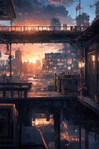  landscape, buildings, sunset sky, highly detailed, complex_background, complex buildings, detailed_background,pixel_art