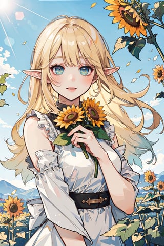 (masterpiece, best quality, highres:1.3), ultra resolution image, (1girl), (solo), kawaii, blonde hair, long flowing hair, elf, emerald eyes, gentle breeze, sunflowers, sunflower field, petal, sparkling magic, (soft sunlight:1.3), fantasy, nature accessories, happy,perfect