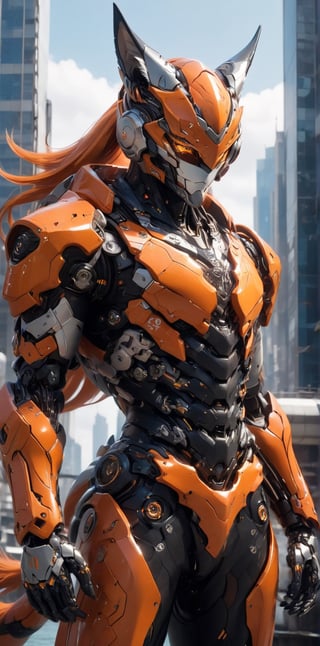 A solo, futuristic cyborg stands proudly, looking directly at the viewer. He wears an orange jacket with a flowing tail and matching orange fur, his eyes gleaming with a hint of mischief. His mechanical arms and legs are visible beneath his pants, giving him a sleek, high-tech appearance. In the background, a cityscape reflects off the water's surface, as if mirroring the cyborg's gaze. The furry male stands confidently, his fox ears perked up, as he surveys his surroundings with an air of authority.