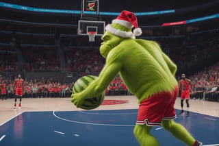 The grinch slam-dunking a watermelon. A basketball match. the chicago bulls versus the grinch,Exhibition 8k,70mm, action shot, wide angle, full shot, in hyperrealism