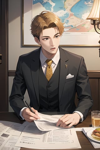 Handsome, charismatic, elegantly, formal clothes, reading newspaper, (masterpiece:1.3), (vibrant:1.2), (more details:1.3), (quality: High quality, Highres, 8K Resolution, detailed),twilight \(spy x family\)