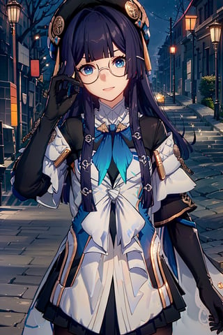 beret, pela, honkai star rail, black gloves, black headwear, black legwear, blue eyes, dress, glasses, gloves, hat, long hair, looking at viewer, pantyhose, red-framed_eyewear, semi-rimless eyewear, under-rim eyewear, outdoor, bokeh, (dynamic angle:1.2), (masterpiece:1.3), vibrant 