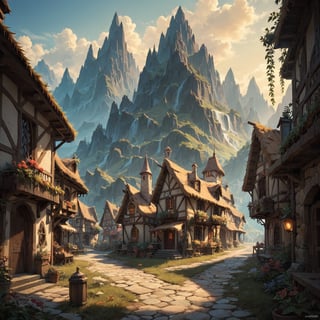 score_9, score_8_up, score_7_up, fantasy, small village, large mountains,