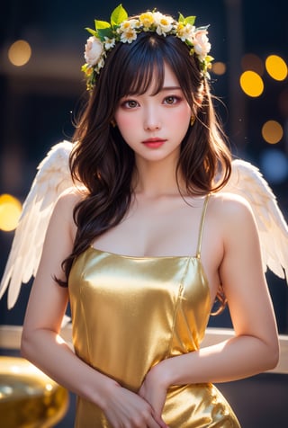 Angel, fusion, goddess, fantasy flower crown, 1beautiful woman, sexy gold short dress, realistic, photography, 8k resolution, dslr, raw photo, perfect white balance, rim light, half body, high quality, high detail, wide angle, fantasy bokeh heaven background, action pose,