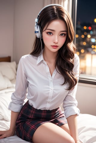 masterpiece, Best Quality, photorealistic, ultra-detailed, finely detailed, high resolution, 8K resolutions, slim body, 1girl, solo, beautiful sexy super model, 22 years old, beautiful detailed face and eyes, sharp-focus, cinematic, wearing white shirt and plaid mini skirt, headphone, full body, soft light, night bokeh, sitting at desk, beautiful fantasy white bed room background,