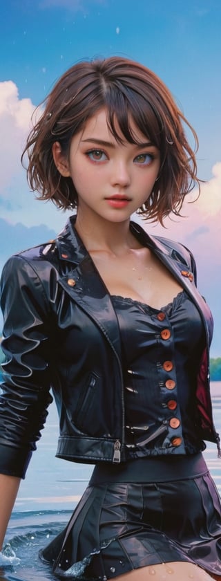 masterpiece, best quality, ultra-detailed, 1girl, beautiful detailed eyes, detailed wet clothes, blank stare, floating, beautiful detailed sky, on beautiful detailed water, dynamic angle, overexposure, illustration, aanobara, short hair, (black jacket:1.2), buttons, long sleeves, black skirt, high-waist skirt, black pantyhose,aw0k euphoric style,Extremely Realistic