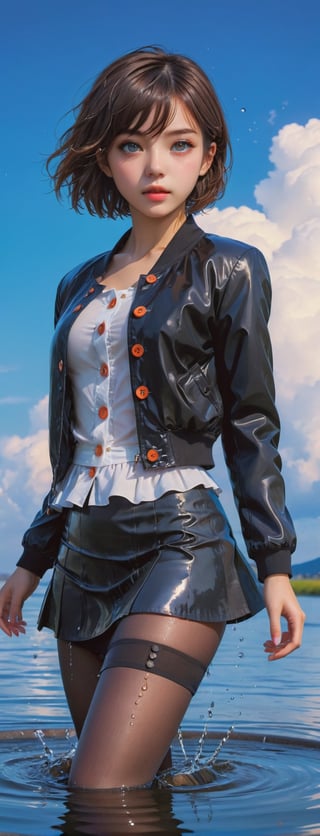 masterpiece, best quality, ultra-detailed, 1girl, beautiful detailed eyes, detailed wet clothes, blank stare, floating, beautiful detailed sky, on beautiful detailed water, dynamic angle, overexposure, illustration, aanobara, short hair, (black jacket:1.2), buttons, long sleeves, black skirt, high-waist skirt, black pantyhose,aw0k euphoric style,Extremely Realistic