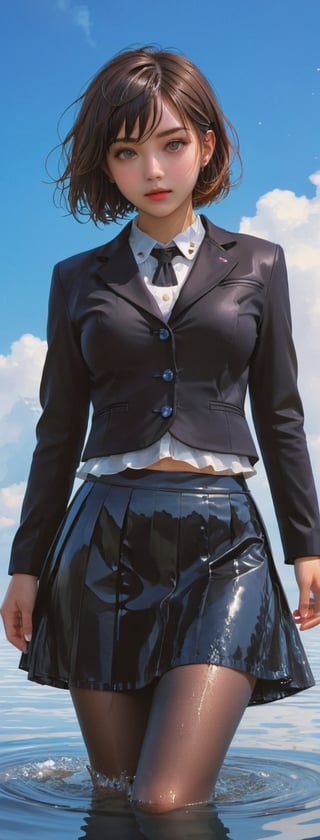 masterpiece, best quality, ultra-detailed, 1girl, beautiful detailed eyes, detailed wet clothes, blank stare, floating, beautiful detailed sky, on beautiful detailed water, dynamic angle, overexposure, illustration, aanobara, short hair, (black jacket:1.2), buttons, long sleeves, black skirt, high-waist skirt, black pantyhose,aw0k euphoric style,Extremely Realistic