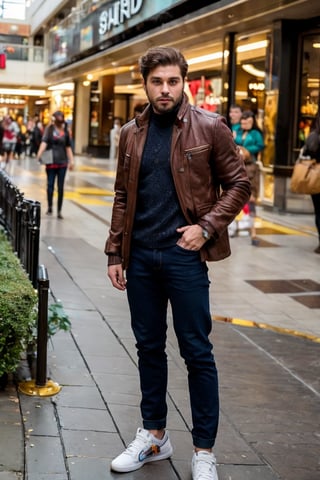 Realistic photo of solo handsome men ,standing in mall