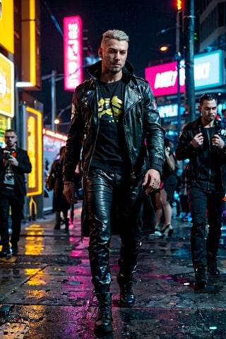 raw ,photorealistic color photo , cyberpunk 2077s , solo handsome men clothes, standing in crowd at party