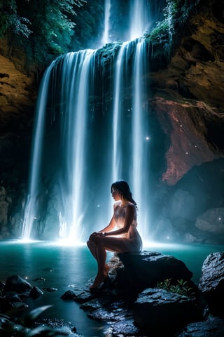 shot by Sony a7 IV Mirrorless Camera, natural light, analog film photo, Kodachrome ,in a magical crystal world , a woman is sitting near a waterfall on a full moon night , sparkling and glittering glowing particles in the air , soft bluish glow