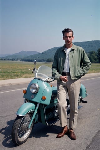 raw ,photorealistic color photo , 1950s , solo handsome men standing side car