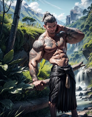 (Masterpiece, intricate details, Best Quality), 8K masterpiece, photograph, shirtless Maori warrior, extremely handsome, full facial Moko (traditional tattoo), muscular physique, deep browns, rich blacks, (intricate Maori patterns):1.5, (traditional Ta Moko tattoos):1.5, (greenstone pendant):1.5, (traditional flax skirt):1.5, ornate carved wooden staff, regal stance, towering mountains, clear blue sky, soft natural light, full body, (New Zealand's lush forest in the distance):1.3, anatomically correct, realistic skin, photographic, (best quality):1.5, big hard nipples, 150MP, 80mm, soft natural light, Adobe Lightroom, photograph, six pack, abs, big muscle arms, big muscular pecs, narrow waist, one sided smile, sexy, very broad shoulders, extremely detailed, intricate, anatomically_correct,Sexy Muscular,zbxr,gray clay,3d rending