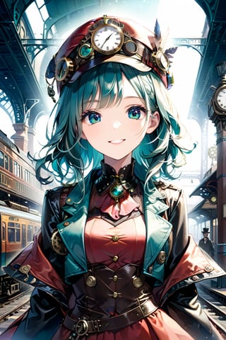 Very beautiful girl with a steampunk teal leather jacket, red waistcoat and hat, intricately detailed brass accessories. Masterpiece, illustration, extremely detailed, beautiful detailed eyes, beautiful detailed mouth, warmly smile, bright colors, dark light, railway station on background 