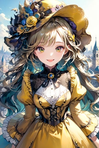 Very beautiful girl with a very ornated victorian bright yellow dress, sumptuous hat, masterpiece, illustration, extremely detailed, beautiful detailed eyes, beautiful detailed mouth, warmly smile, (bright colors:1.4), city on background 