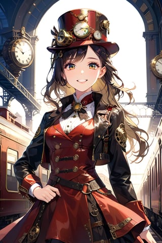 Very beautiful girl with a steampunk leather jacket, red waistcoat and hat, intricately detailed brass accessories. Masterpiece, illustration, extremely detailed, beautiful detailed eyes, beautiful detailed mouth, warmly smile, bright colors, dark light, railway station on background 