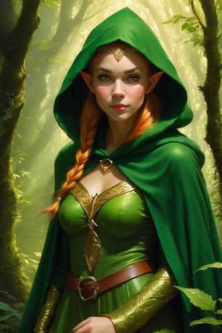 Fantasy elf girl hunting in the forest, she has a furtive attitude huddled behind a bush in a very dinamic pose, she wears a green hood and cloak, perfect cute face, fairy atmosphere, highly detailed, dramatic lighting. Digital painting, masterpiece, maximalist, approacing to perfection, style by Greg Rutkowski