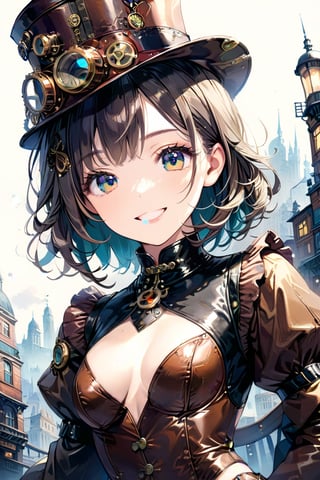 Very beautiful girl with a steampunk leather suit and hat, masterpiece, illustration, extremely detailed, beautiful detailed eyes, beautiful detailed mouth, warmly smile, bright colors, city on background 