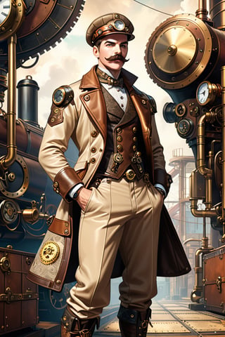 Industrial steampunk mechanic man, face marked by experience, moustache,  (cap:0.8), steampunk beige leather double-breasted jacket, beige tweed fabric puffed trousers, (leather laced boots:0.8), intricately detailed brass accessories. Masterpiece, illustration, extremely detailed, cinematic pose, industrial background