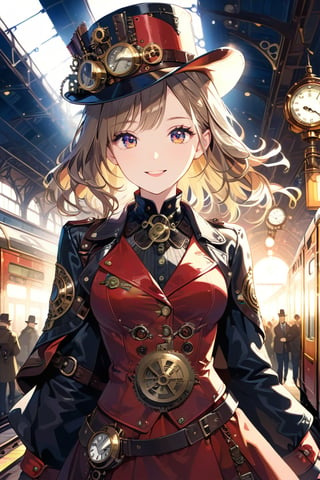 Very beautiful girl with a steampunk leather jacket, red waistcoat and hat, intricately detailed brass accessories. Masterpiece, illustration, extremely detailed, beautiful detailed eyes, beautiful detailed mouth, warmly smile, bright colors, dark light, railway station on background 