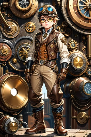 Very skilled industrial mechanic boy, with a steampunk leather double-breasted jacket, leather helmet and goggles, beige tweed puffed trousers, leather laced boots, intricately detailed brass accessories. Masterpiece, illustration, extremely detailed, industrial deep background, sharp focus