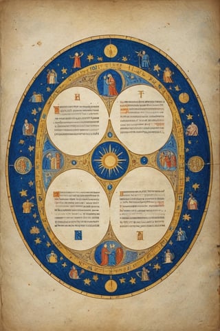 Round parchment page, (Full-page illustration with a blue background of an ancient illuminated codex:1.3), round arrangement, ink drawing with golden leaf and liquid gold insertions on parchment, art on a cracked paper of a wonderful (medieval castle in Italy:1.4),  14th century,  (golden ratio:1.3),  (medieval architecture:1.3), (mullioned windows:1.3), (brick wall:1.1),  (towers with merlons:1.2),  (set on top of a hill overlooking a valley:1.2),  beautiful blue sky (aerial view:1.2), (round zodiac:1.2), vignette,  highest quality. Masterpiece of a museum of art, in the style of Limbourg brothers,  award winning,  detailed and intricate,  masterpiece,  itacstl, real_booster, itacstl, on parchment, art_booster,