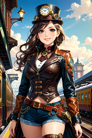 Very beautiful girl, black eyes and hair, with a steampunk leather jacket, waistcoat and hat, intricately detailed brass accessories. Masterpiece, illustration, extremely detailed, warmly smile, bright colors, railway station on background 