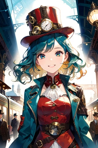 Very beautiful girl with a steampunk teal leather jacket, red waistcoat and hat, intricately detailed brass accessories. Masterpiece, illustration, extremely detailed, beautiful detailed eyes, beautiful detailed mouth, warmly smile, bright colors, dark light, railway station on background 