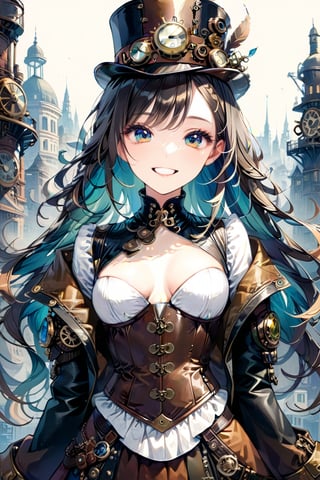 Very beautiful girl with a steampunk leather jacket, corset and hat, intricately detailed brass accessories. Masterpiece, illustration, extremely detailed, beautiful detailed eyes, beautiful detailed mouth, warmly smile, bright colors, city on background 