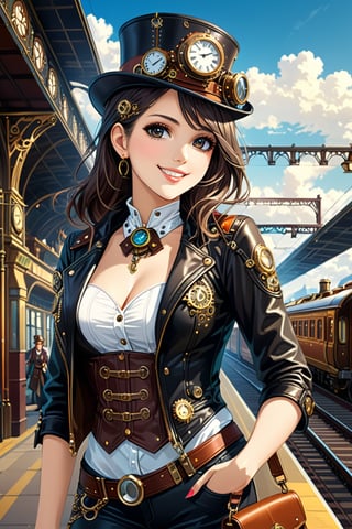 Very beautiful girl, black eyes and hair, with a steampunk leather jacket, waistcoat and hat, intricately detailed brass accessories. Masterpiece, illustration, extremely detailed, warmly smile, bright colors, railway station on background 