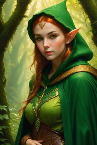 Fantasy elf girl hunting in the forest, she has a furtive attitude huddled behind a bush in a very dinamic pose, she wears a green hood and cloak, perfect cute face, fairy atmosphere, highly detailed, dramatic lighting. Digital painting, masterpiece, maximalist, approacing to perfection, style by Greg Rutkowski