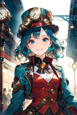 Very beautiful girl with a steampunk teal leather jacket, red waistcoat and hat, intricately detailed brass accessories. Masterpiece, illustration, extremely detailed, beautiful detailed eyes, beautiful detailed mouth, warmly smile, bright colors, dark light, railway station on background 