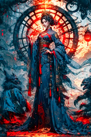 Full body shot of a character standing in majestic pose, hyper realistic representation of a fantasy chinese empress with the most sumptuous wedding hanfu dress made of black and (red:1.4) silk and richly embroidered with gold and silver threads, wide sleeves, intricately carved golden badges and tassels, dark gothic cathedral background, rock magic circle, mandala. Art by Yoshitaka Amano, Zhong Fenghua, stunning interpretive visual, gothic regal, colorful, realistic eyes, dreamy magical atmosphere, (film grain), (warm hue, warm tone), cinematic light, side lightings,zhongfenghua,horror (theme)