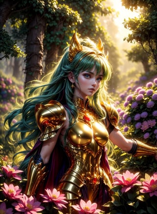 A saint seiya armored girl by Luis Royo, intricately ornated golden armor, red gems, (small breast), shiny gold, richly jeweled, greenery forest background, bright rainbow colored flowers