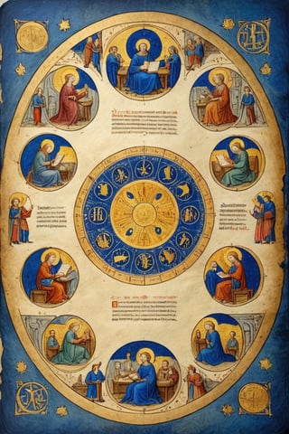 Round parchment page, (Full-page illustration with a blue background of an ancient illuminated codex:1.3), round arrangement, ink drawing with golden leaf and liquid gold insertions on parchment, art on a cracked paper of a wonderful (medieval castle in Italy:1.4),  14th century,  (golden ratio:1.3),  (medieval architecture:1.3), (mullioned windows:1.3), (brick wall:1.1),  (towers with merlons:1.2),  (set on top of a hill overlooking a valley:1.2),  beautiful blue sky (aerial view:1.2), (round zodiac:1.2), vignette,  highest quality. Masterpiece of a museum of art, in the style of Limbourg brothers,  award winning,  detailed and intricate,  masterpiece,  itacstl, real_booster, itacstl, on parchment, art_booster,